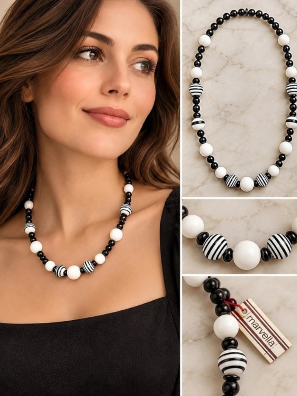 Marvella Black & White Beaded Striped Necklace NWT